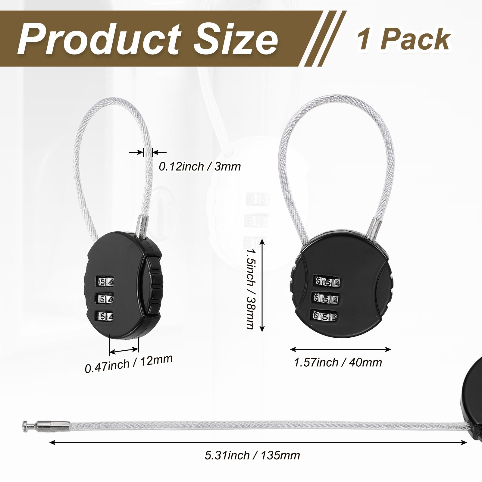 1-Pack Combination Padlock, 3 Digit Round Shaped Cable Luggage Lock [Black]