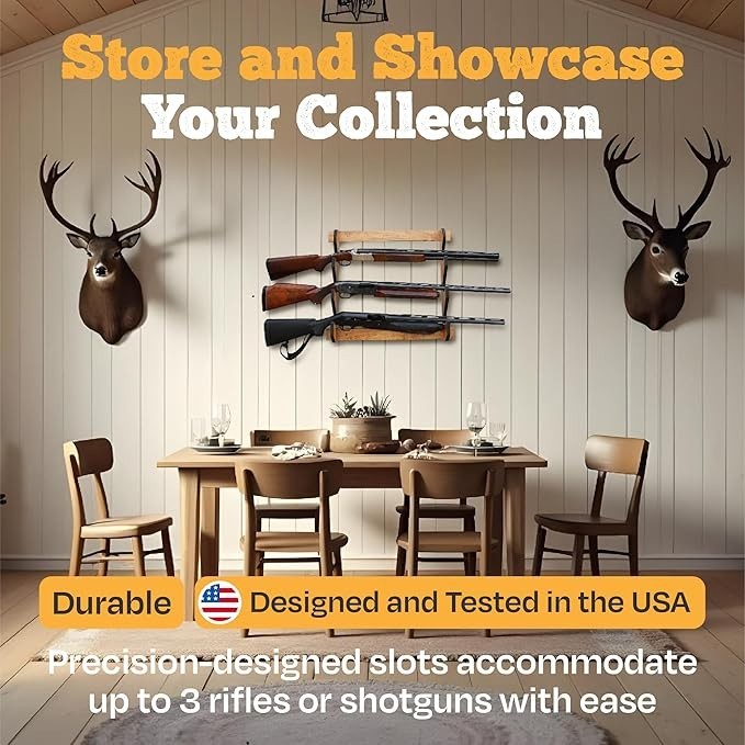 Wooden Gun Rack Indoor Storage for 3 Rifles Shotguns Premium Wood Display Wall