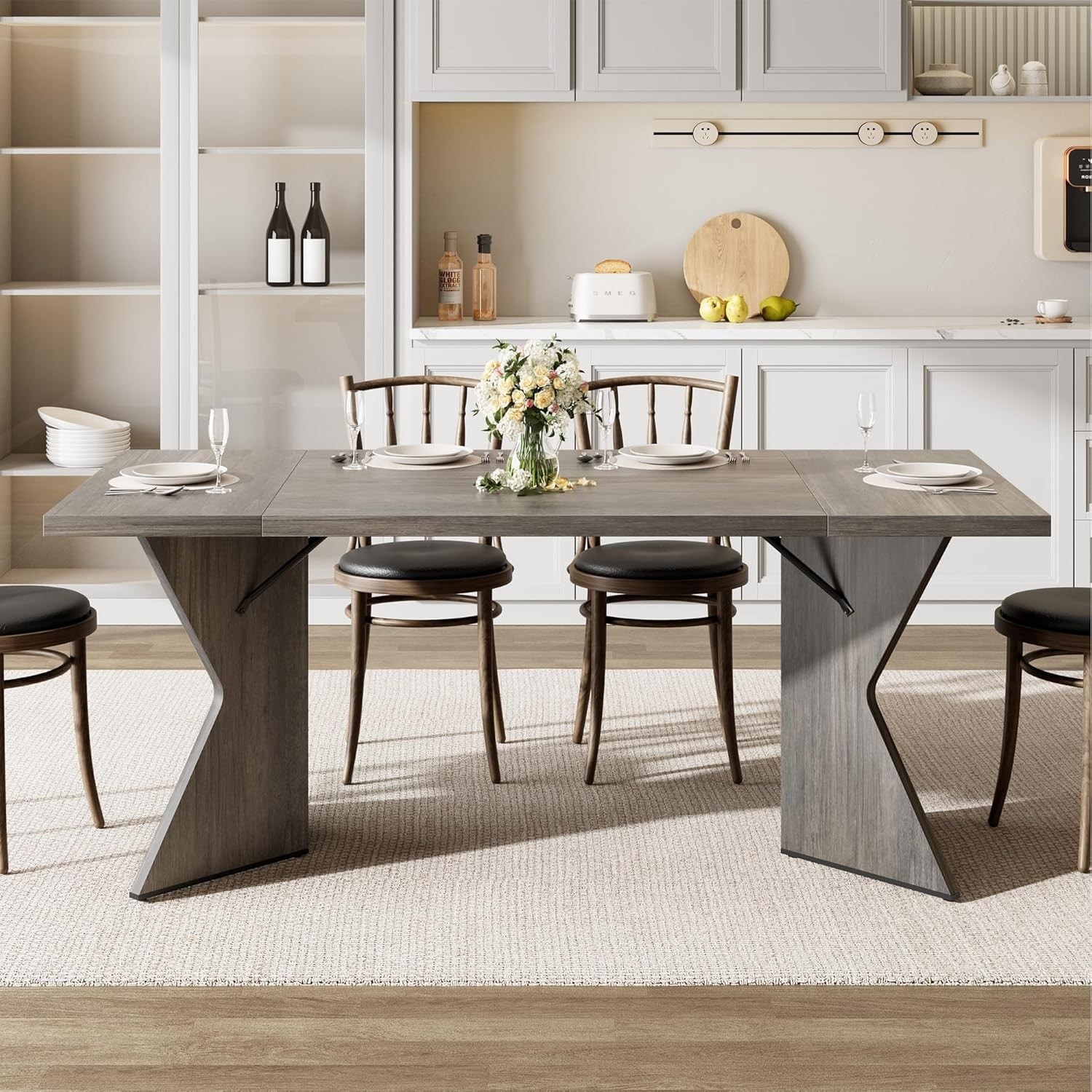 Rectangular Dining Table-Iron Foot 1 grey Panel Thick Triamine Double-Sided