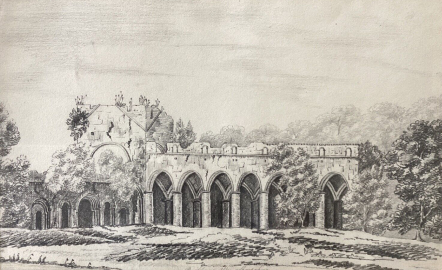 Nineteenth century pencil drawing Buildwas Abbey Shropshire framed unsigned