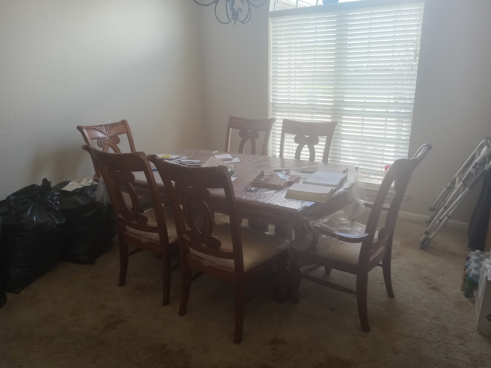 Brown Wood Rectangular Dining Table Set with 6 Chairs, Dark Wood, Solid