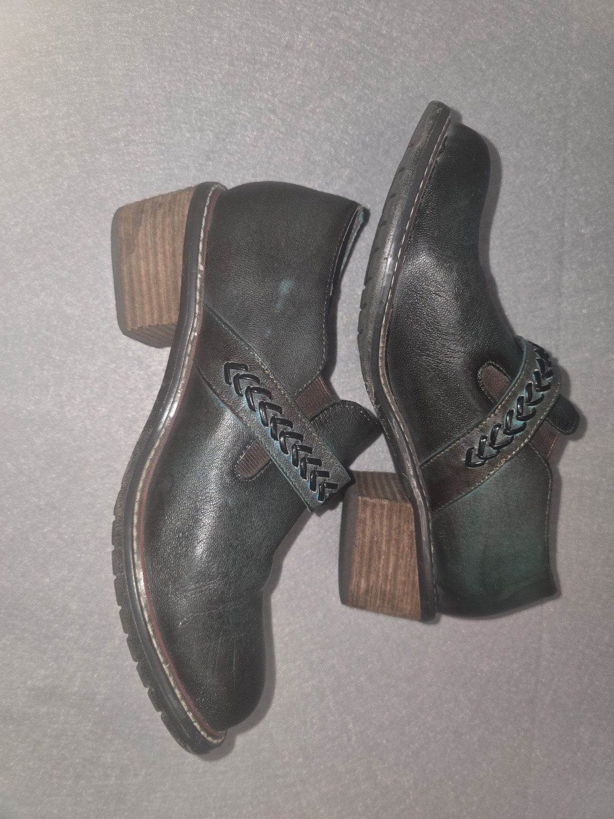 Womens Black Green Leather Clogs Size 39 Slip On Chunky Heel Comfort Boho Shoes
