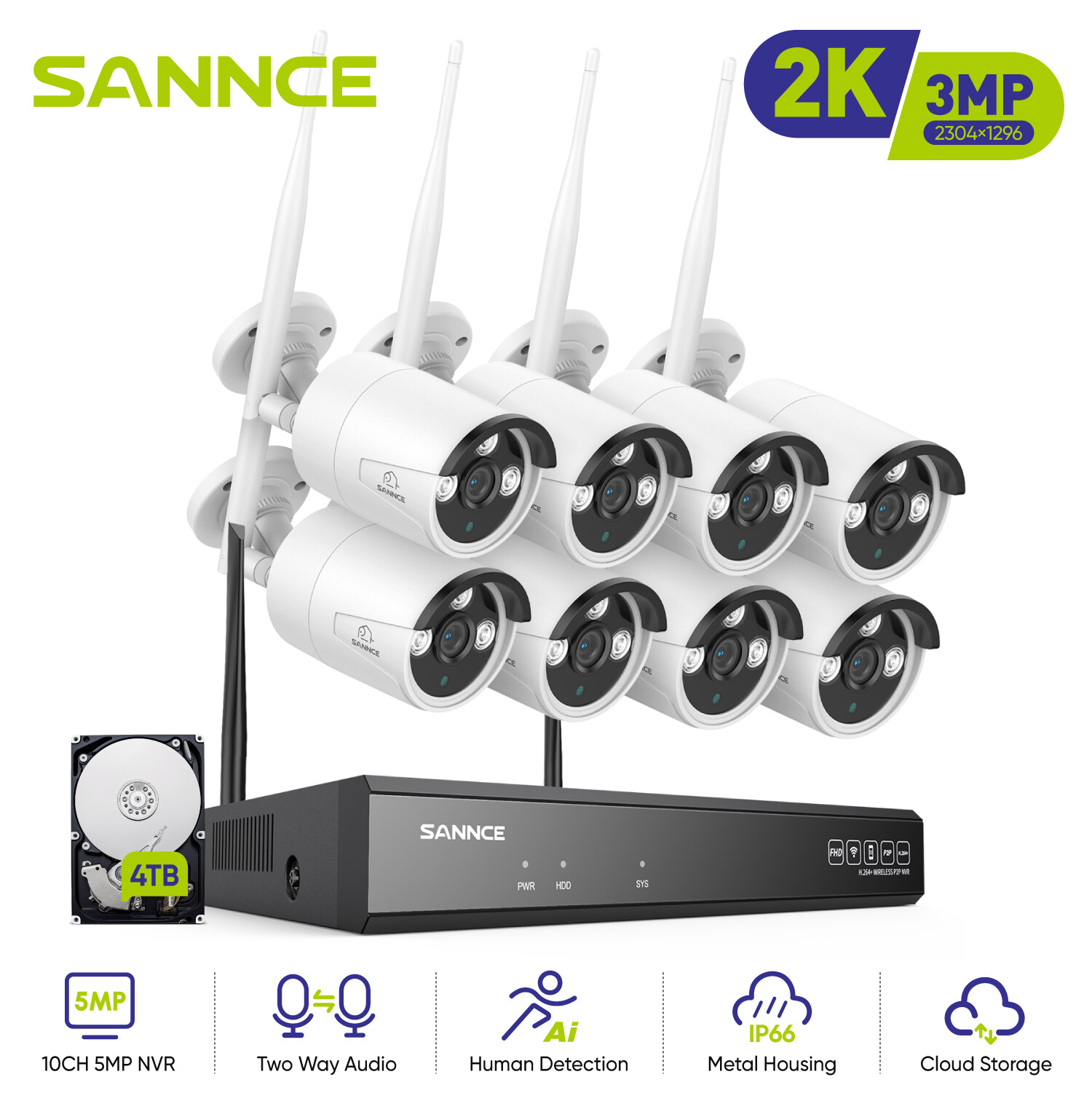 SANNCE 5MP 8CH NVR Wireless 3MP Two Way Audio Security IP Camera System Outdoor