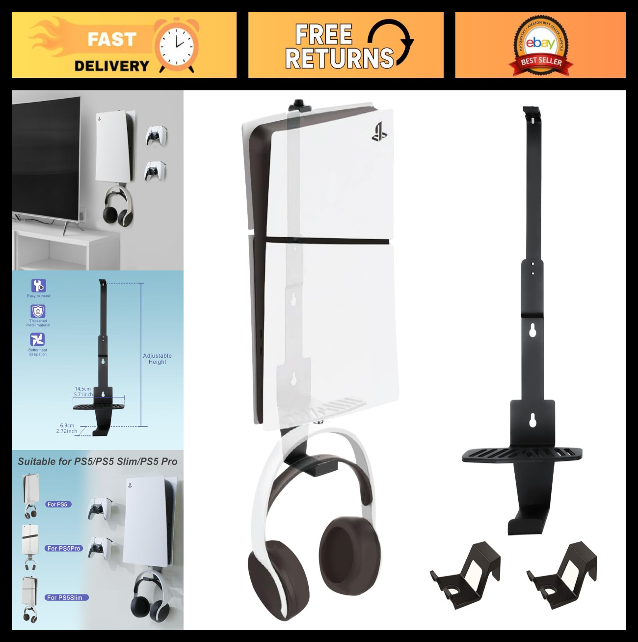 Heavy-Duty PS5 Wall Mount Kit for Cooling & Protection, 2 Controller & Headset H