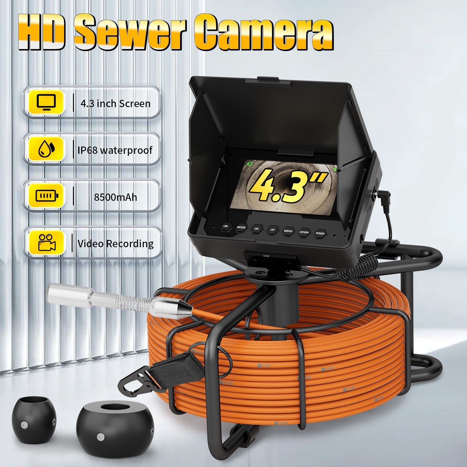 30M Sewer Pipe Inspection Camera 18mm IP68 Drain Camera 4.3" 16GB DVR Monitor