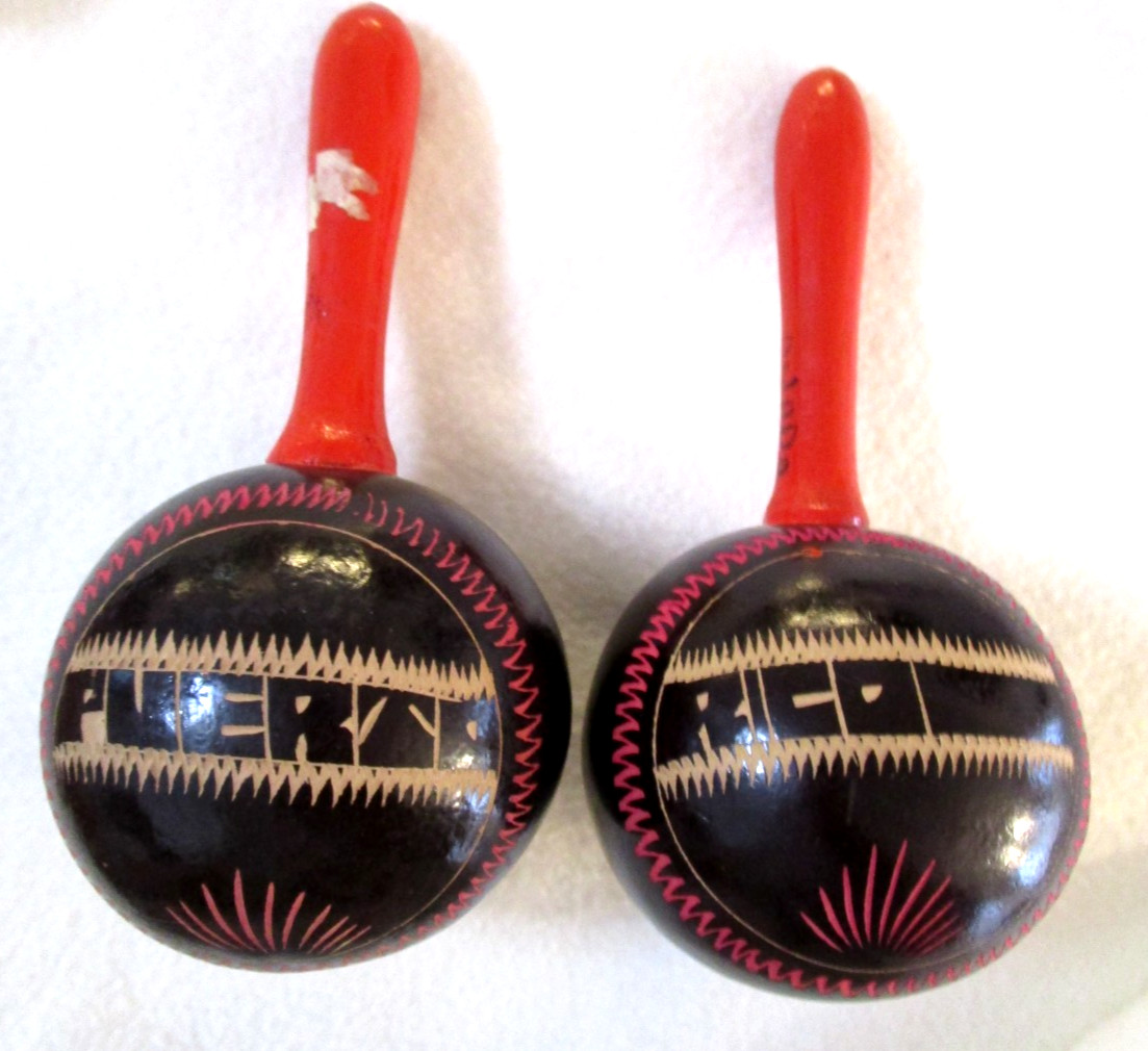 Pair Vintage LARGE Hand Carved Painted Maracas Puerto Rico Black & Wood EUC '70s