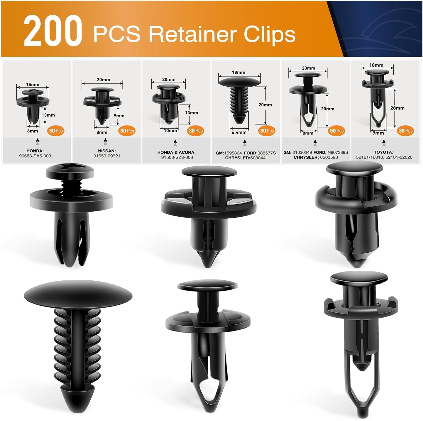 Universal Plastic Fender Clips,200 Pcs Push Bumper Fastener Rivet Clips w