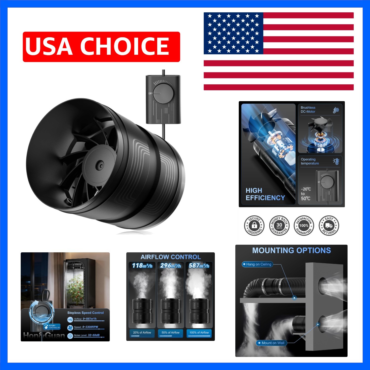 6 Inch Upgrade Inline Duct Fan with Stepless Speed Controller - 345 CFM, 20W ...