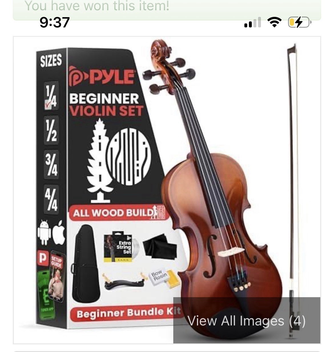 Pyle 1/4 Acoustic Beginner Violin Set w/ Bow, Case, Strings, Shoulder Rest
