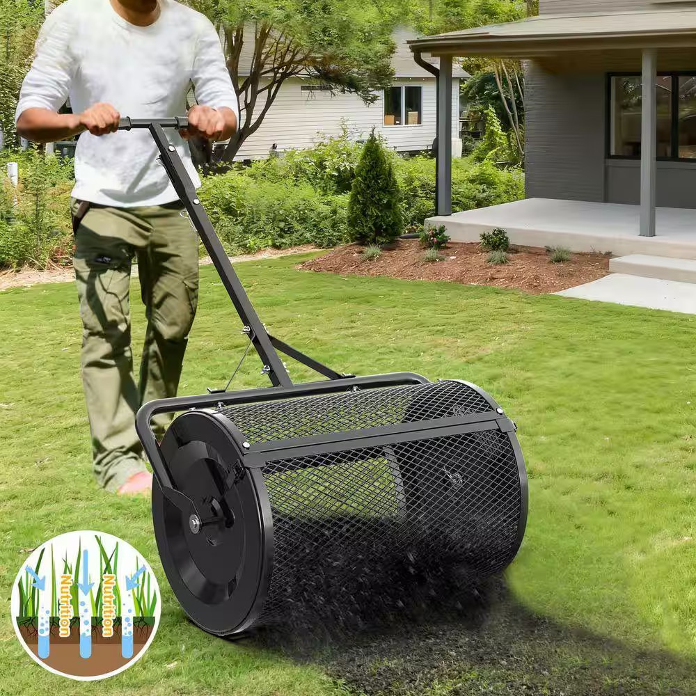 24 In. Black Compost Handheld Spreader Peat Moss Spreader, Lawn Garden Spreader