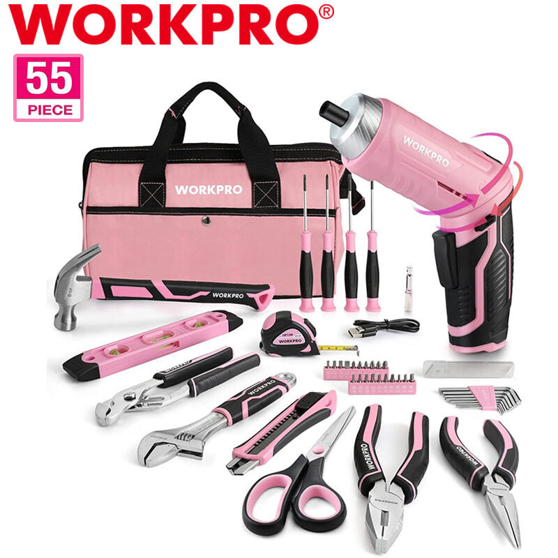 WORKPRO 55-Piece Tool Set Household Tool Kit 3.7V Rotatable Cordless Screwdriver