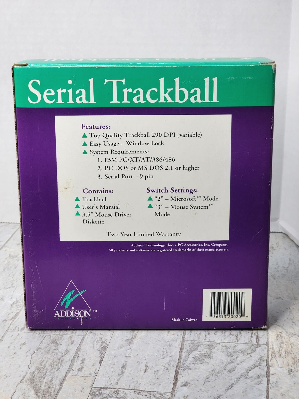 Addison Technology Serial Trackball 290 DPI High Resolution Manual & Box 20020