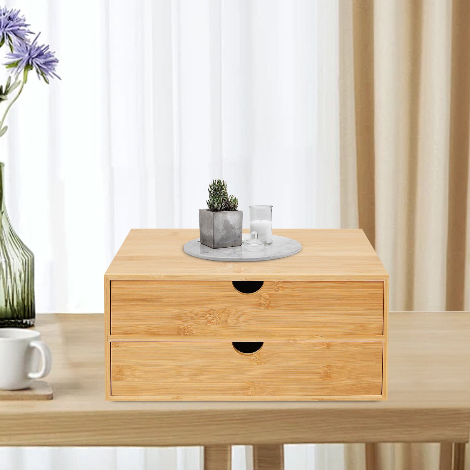 Small Bamboo Organizer for Desk, Tabletop Storage Organization Box with 2 Drawer