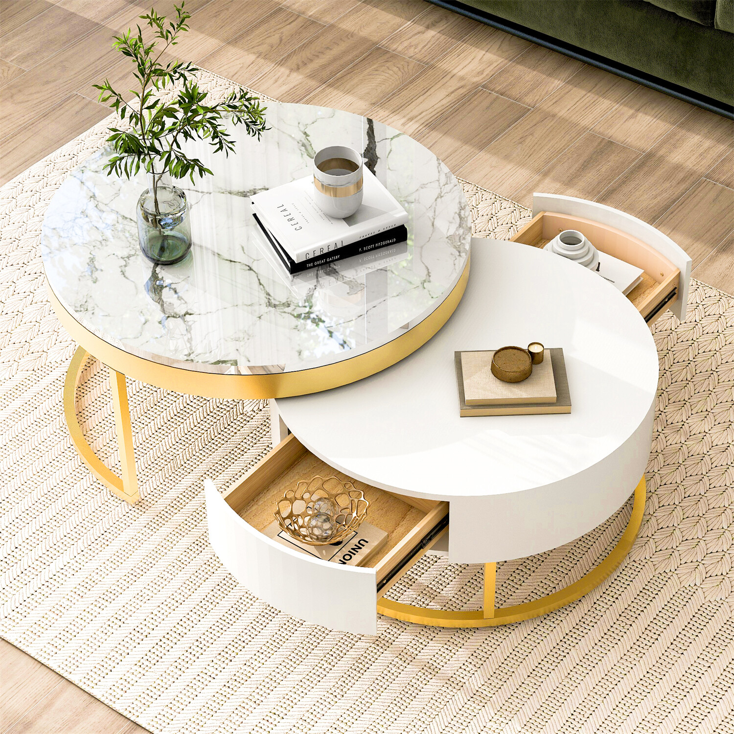Modern Round Nesting Coffee Table Center Cocktail Table End Table w/ 2 Drawer