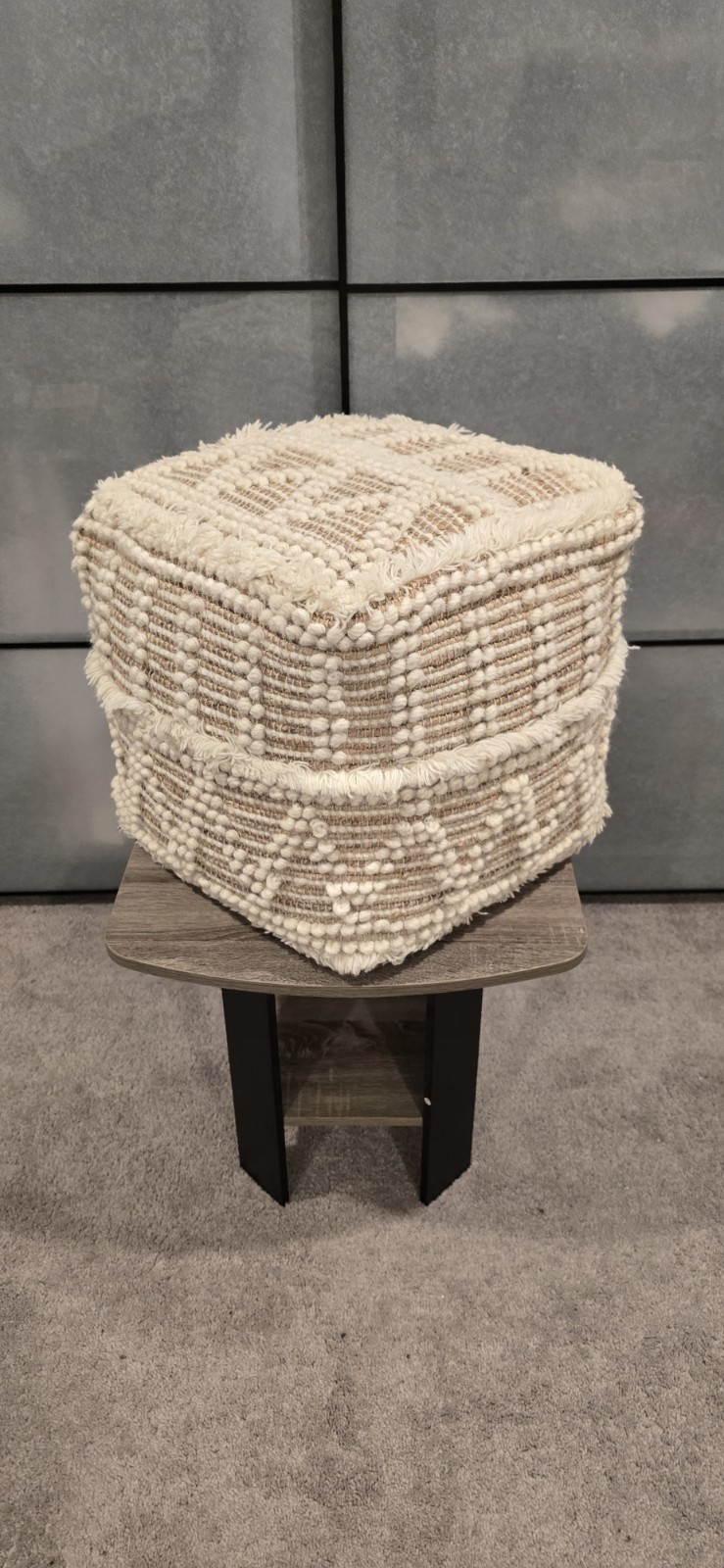 Square Boho Geometric Pouf Ottoman Footstool, Beige/White, Removable Cover 16"