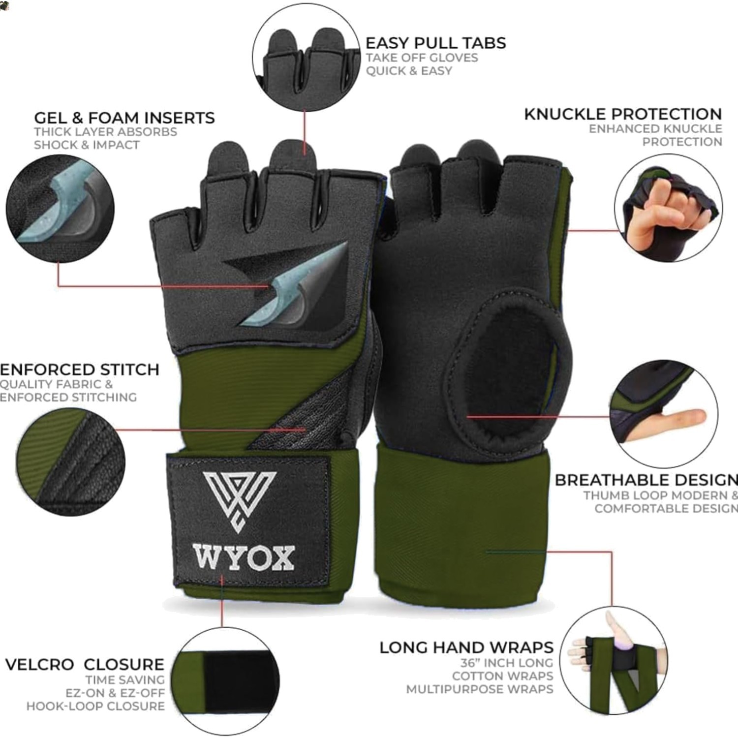 Gel Boxing Hand Wraps Inner Gloves for Men & Women, 80cm Quick Wrist Straps, ...