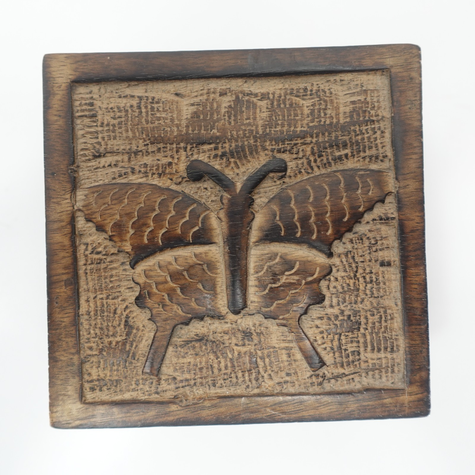 Wood Carved Box With Butterfly Inlay
