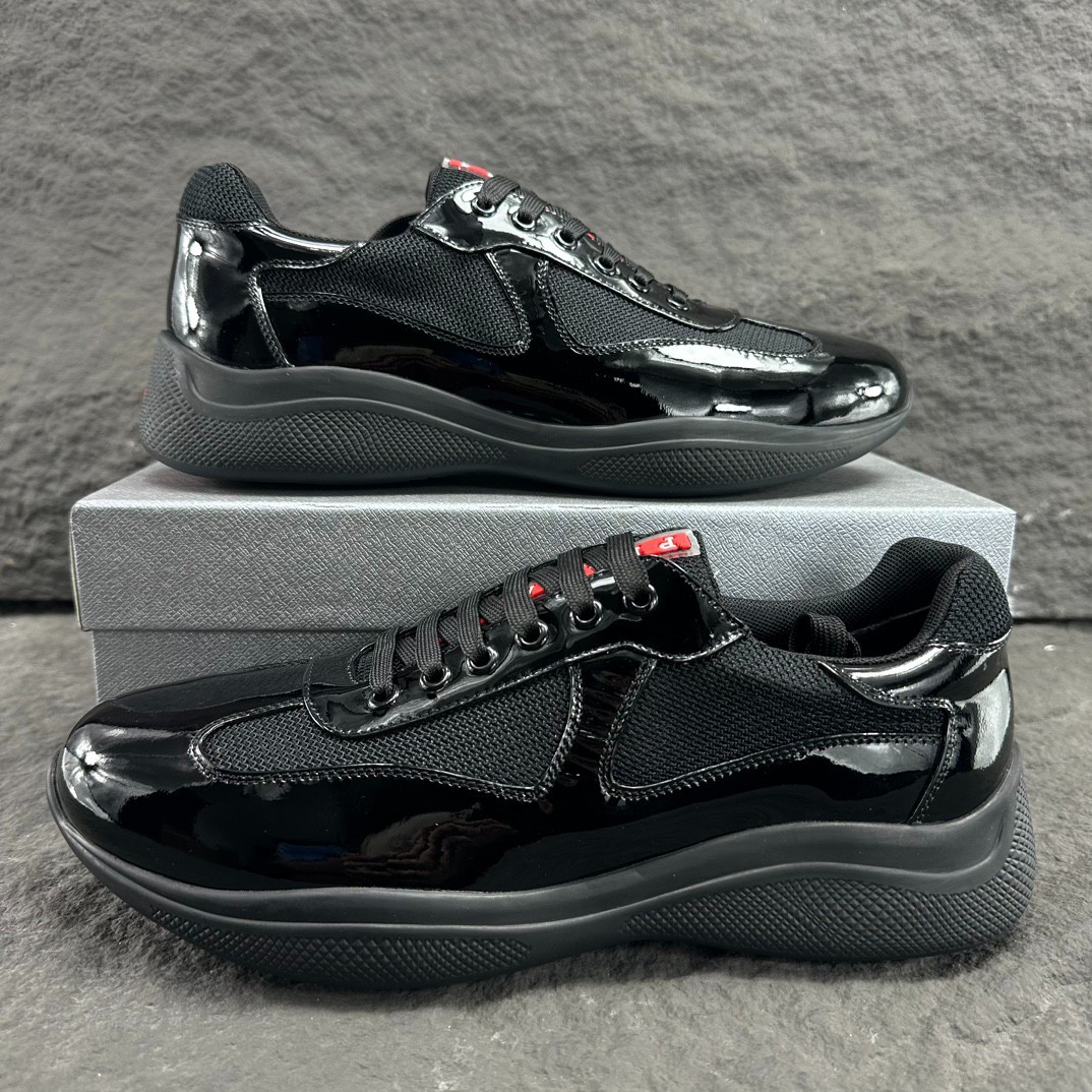 Prada America's Cup Black Patent Leather Low-Top Sneaker 4E6406 Men's Size