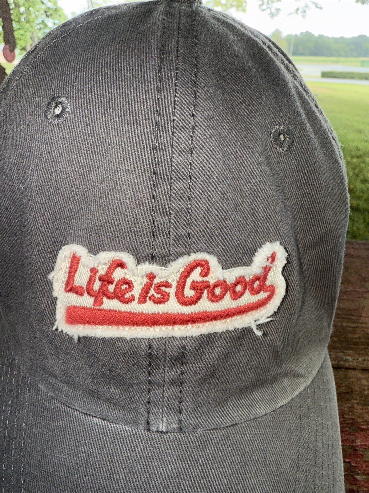 Life is Good Red White Distressed Patch on Gray Hat Cap Cotton Strap Buckle EUC