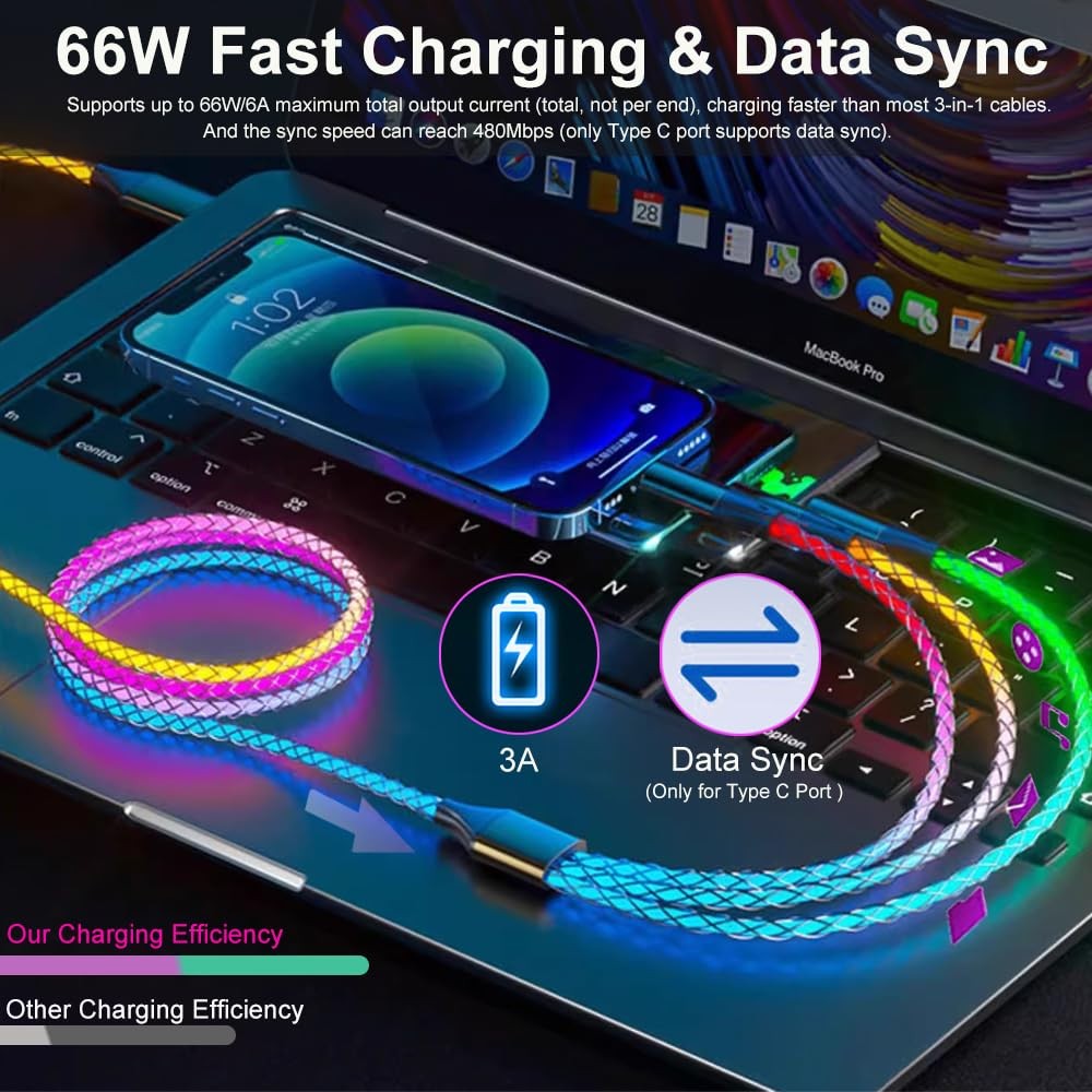 3 in 1 Multi Charger Cable LED Light Up Glowing Fast Charging Cord cable Type C