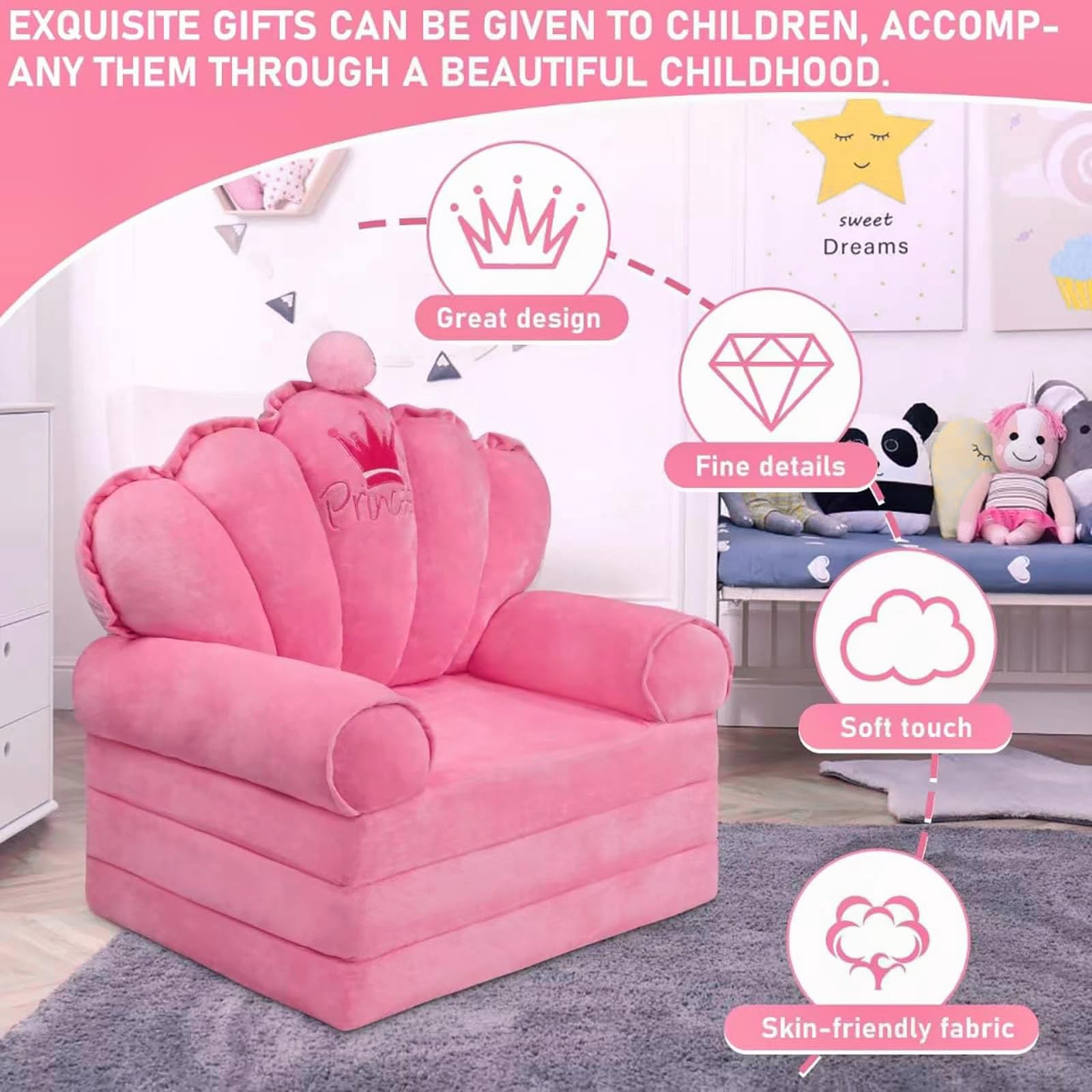 Pink Princess Toddler Couch, 2-in-1 Foldable Sofa Bed & Chair for Kids 1-5, S...