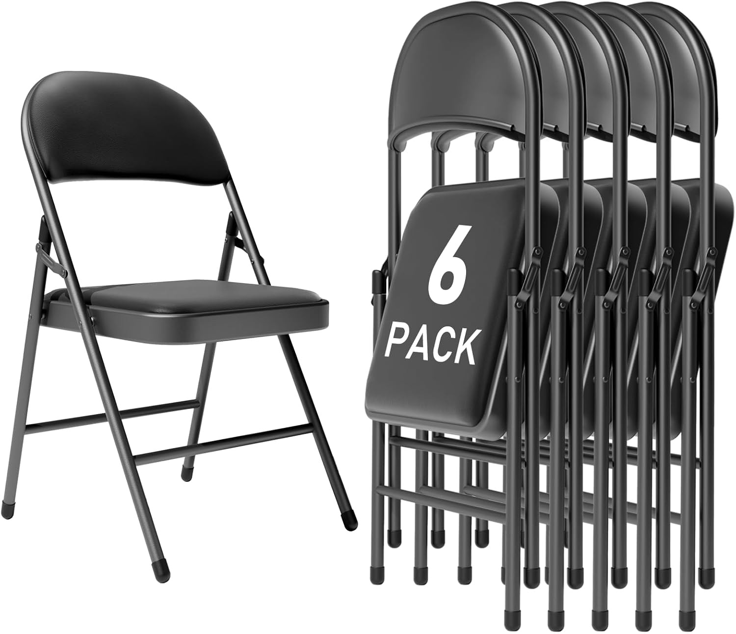 Black Padded Folding Chairs 6 Pack, 350LBS Heavy-Duty Steel Frame Foldable Chair