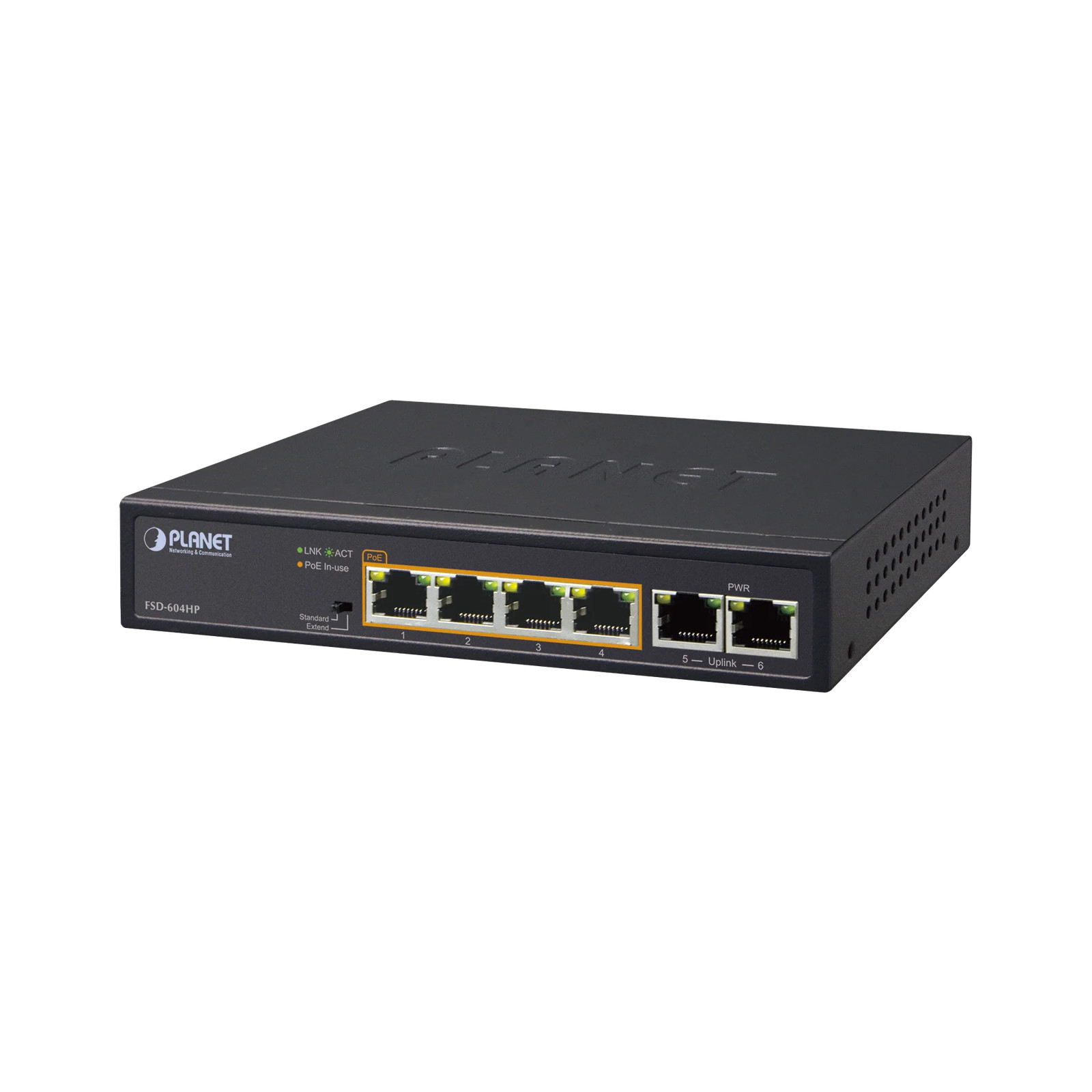 Switch PoE+ 802.3af/at Distance of 250 m 4 Ports + 2 Ports 10/100 of Uplink