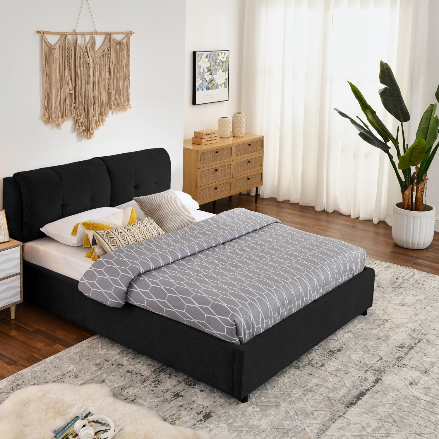 Queen/King Size Upholstered Platform Bed Frame w/ Hydraulic Storage System Black