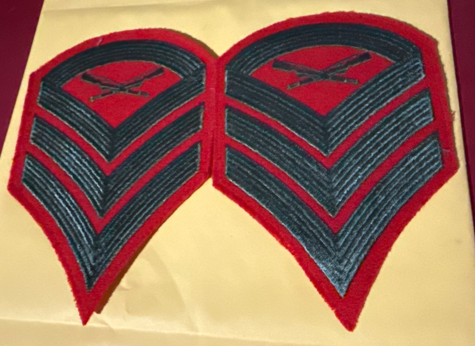 CIRCA 1959-1992, USMC, STAFF SERGEANT, CHEVRONS, GREEN ON RED FELT, SET OF TWO