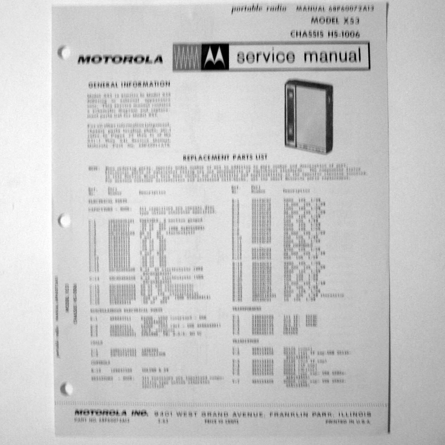 Motorola ® Model X53 Portable Transistor Radio Service Sheet © 1963