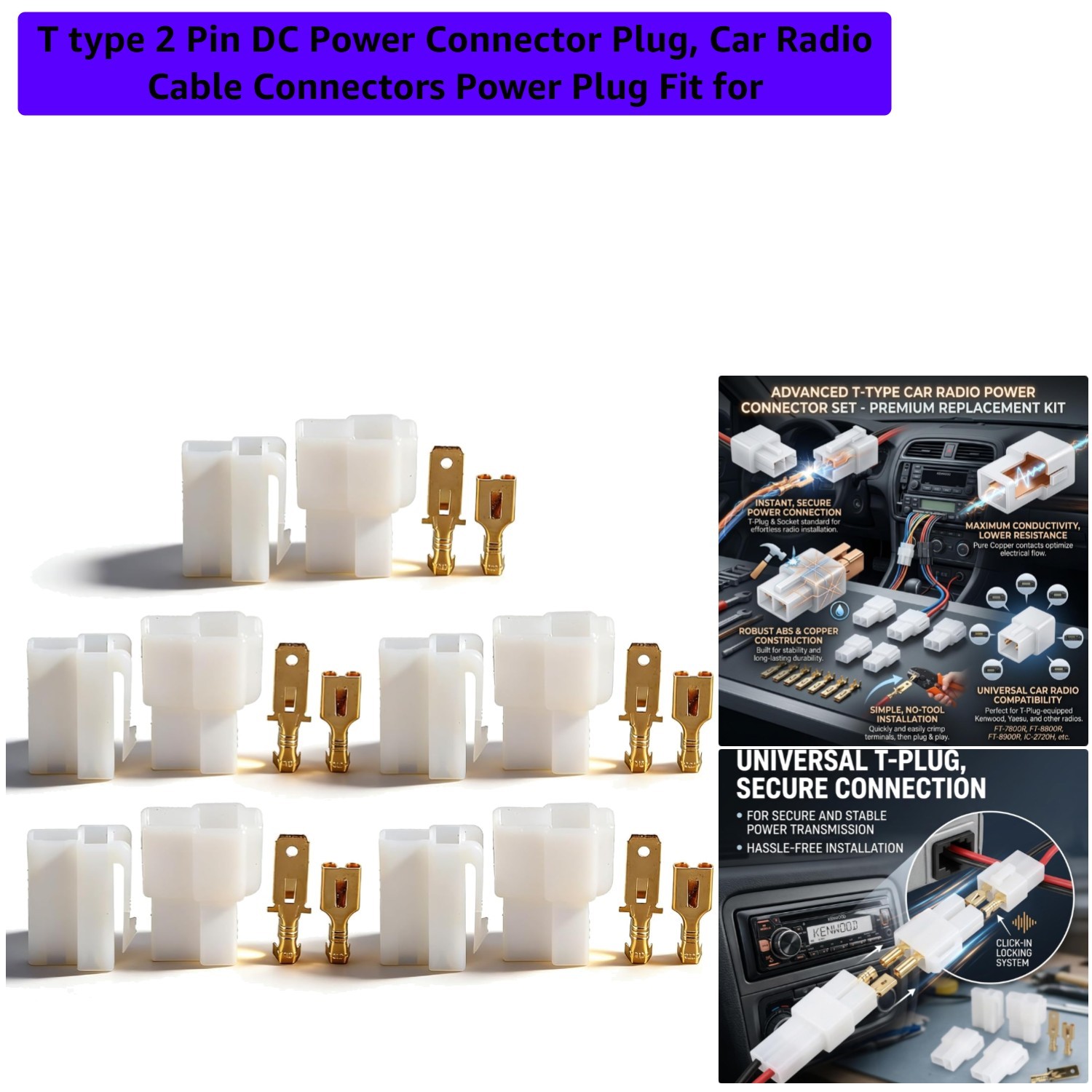 T type 2 Pin DC Power Connector Plug, Car Radio Cable Connectors Power Plug F...