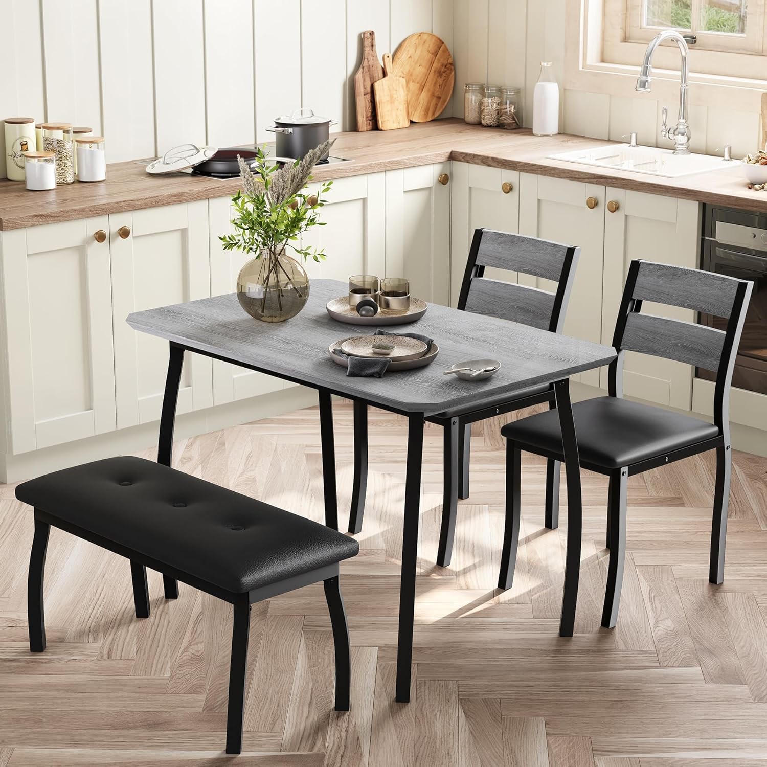 43 Inch 4 Piece Kitchen Table Set with Bench & 2 Cushion Chairs for Small Studio
