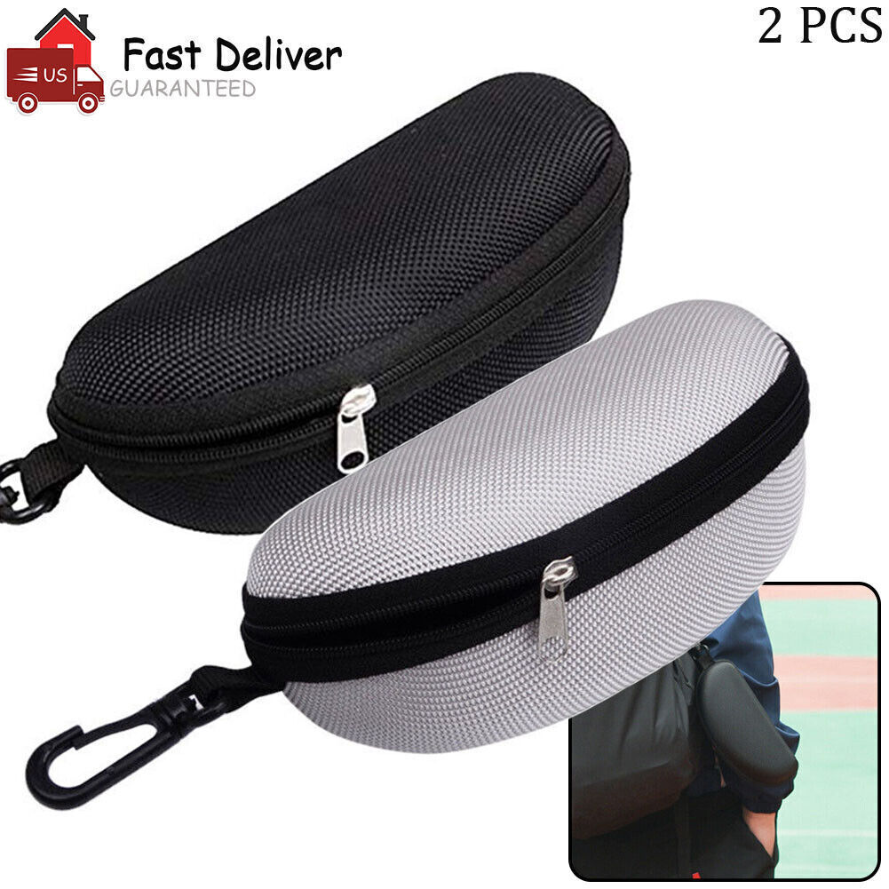 2PCS Portable Sunglasses Eyeglasses Case Zipper Hard Shell Box With Clip Black