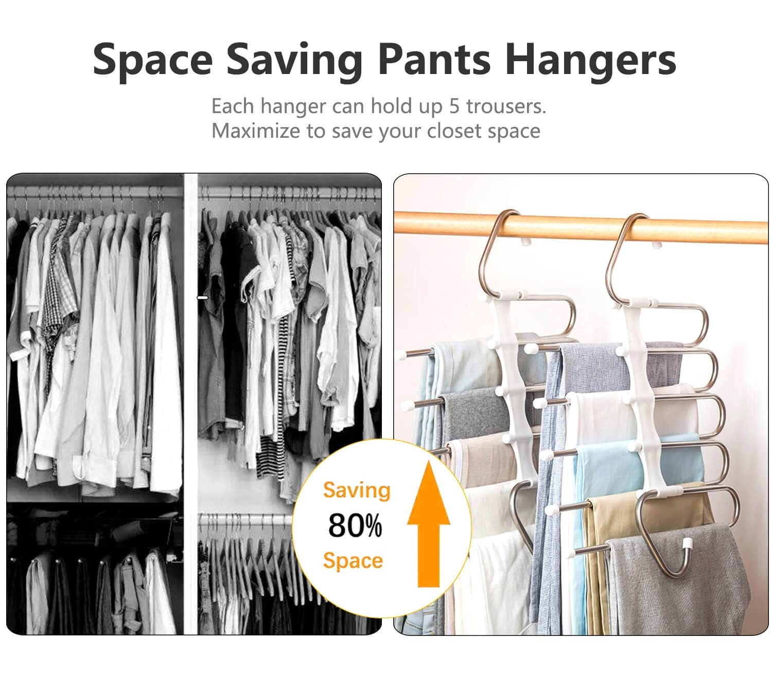 Space Saving Pants Hangers, Closet Organizer for Jeans Skirts, 2 Pack, Silver