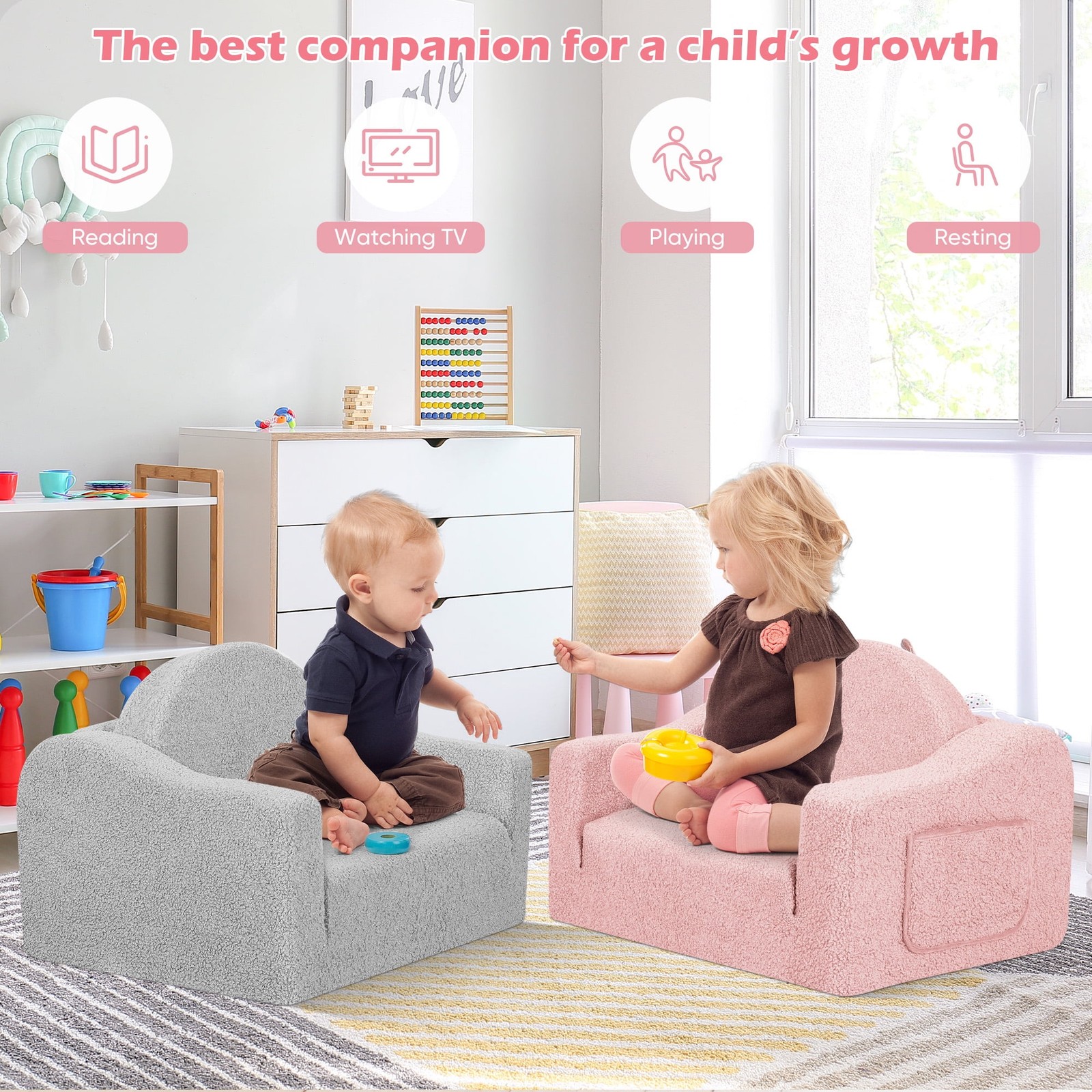 Kids 2-in-1 Toddler Couch Fold-Out Soft Convertible Chair Pink for Boys & Girls