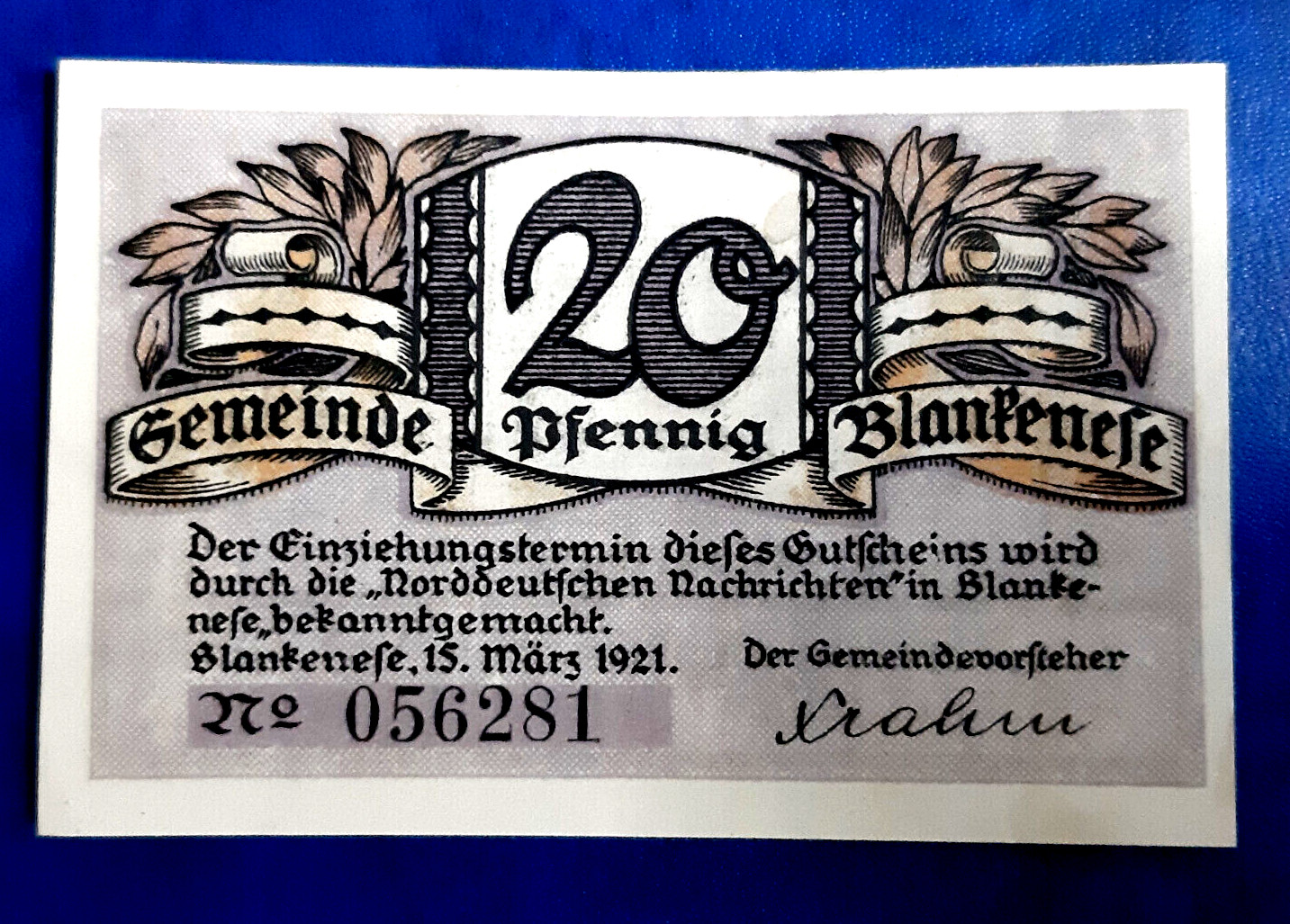 BLANKENESE NOTGELD 20 PFENNIG 1921 EMERGENCY MONEY GERMANY BANKNOTE (20752)