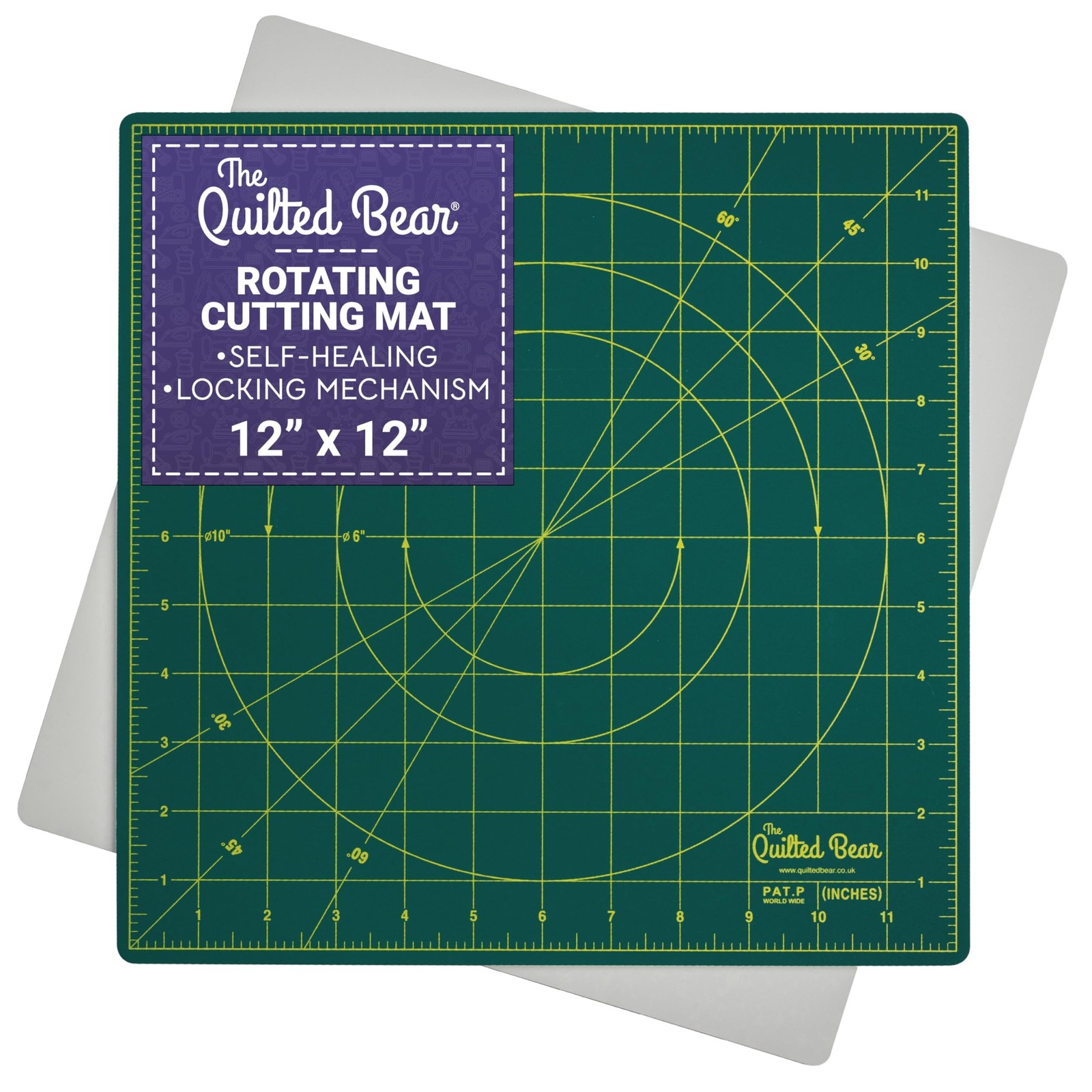 The Quilted Bear Rotating Cutting Mat 12" x 12" - Locking & Rotating Self Hea...