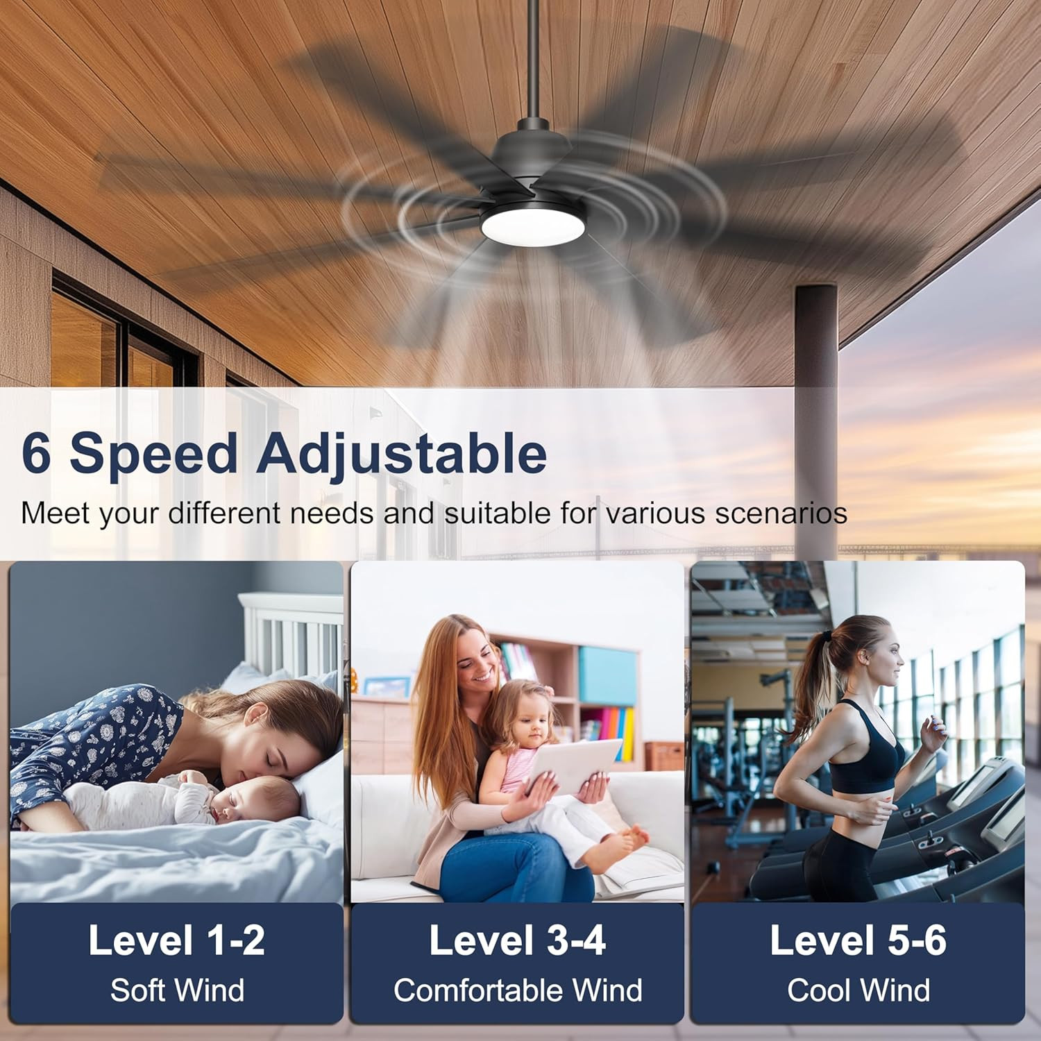 72" Smart Ceiling Fan with Light, Remote & App Control, 6 Speed, Black