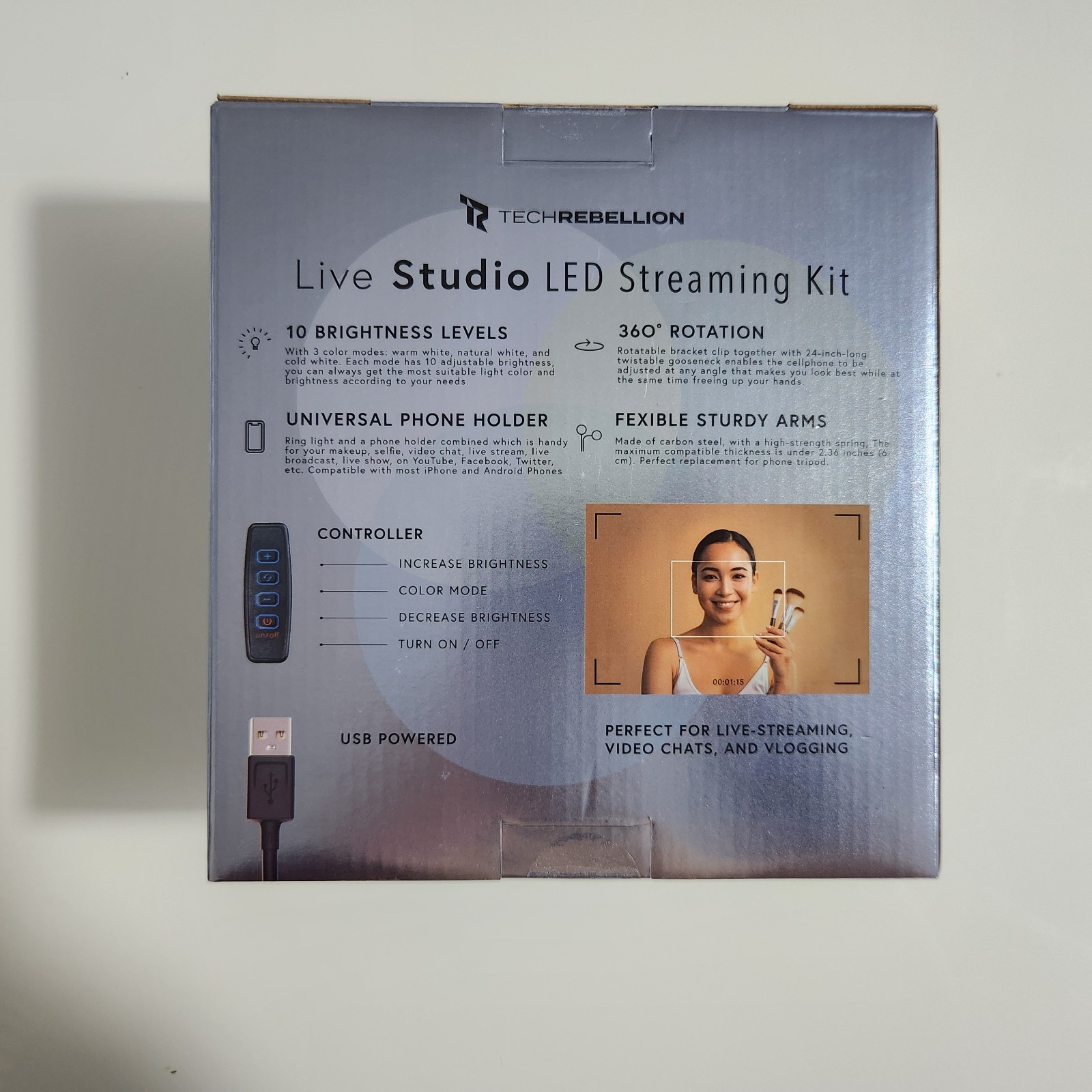 LED Live Streaming Kit 3 Mode Ring Light USB Powered Universal Phone Holder