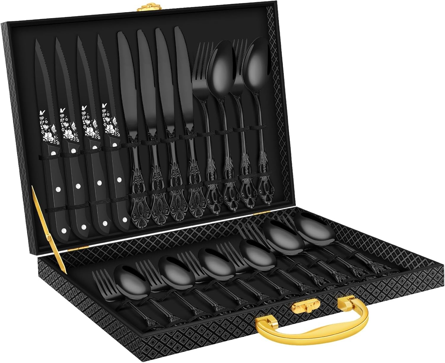 Black Silverware set with Steak Knives, 24PCS Retro Royal Flatware Set for 4