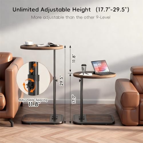 TV Tray Table with Infinite Adjustable Height - C-Shaped Sofa End Side Brown