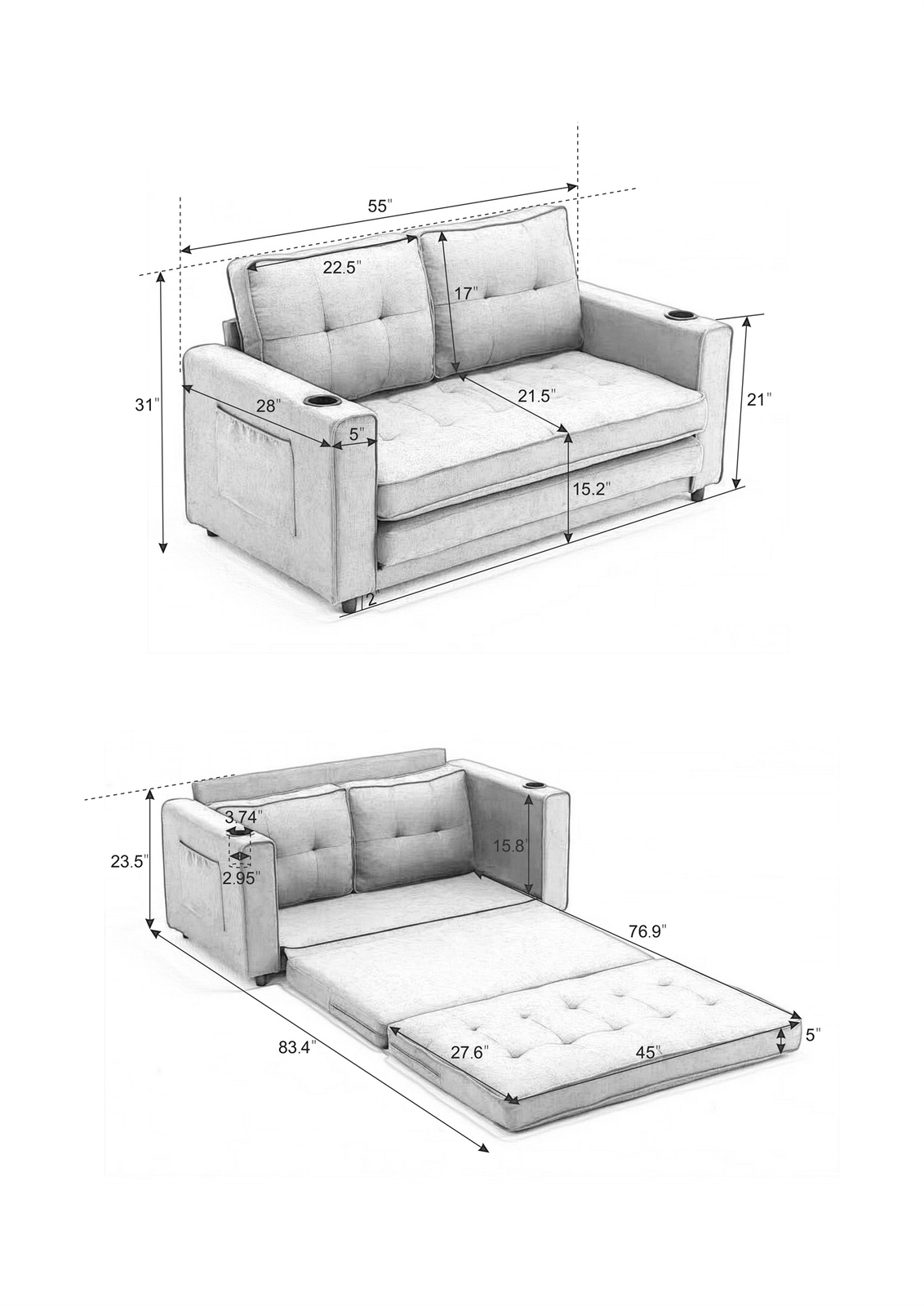 Convertible Sofa Bed Loveseat Futon Sofa Couch with Pull-Out Bed Dark Gray US