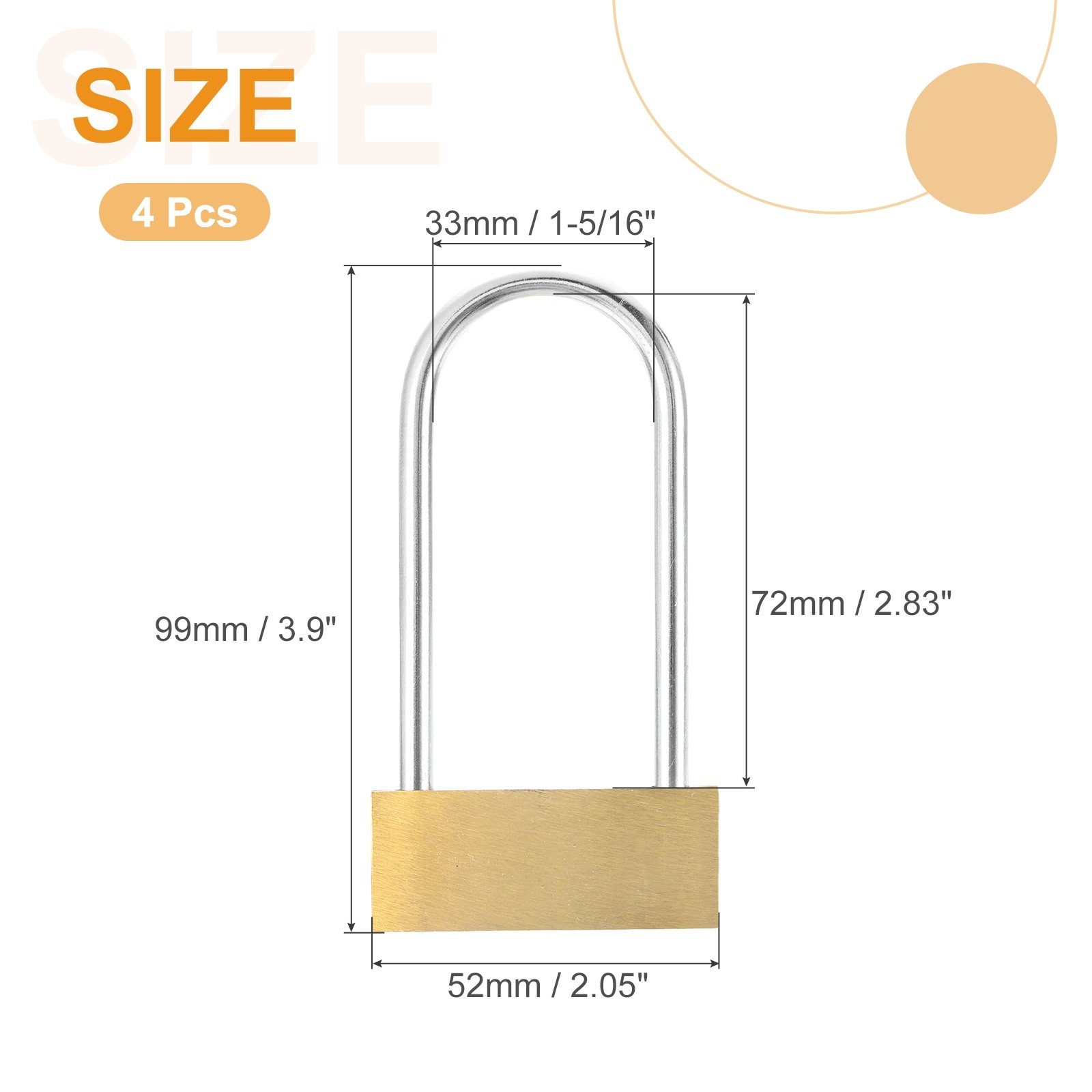 4Pcs Solid Brass Padlock with Key 2" Wide Body 2.8 Inch Long Shackle Lock