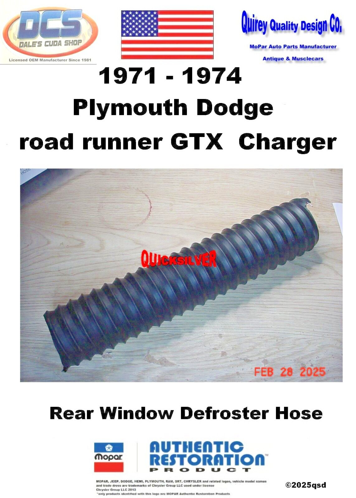 1971 74 Charger road runner Rear Window Defroster Hose 2096989 New MoPar USA