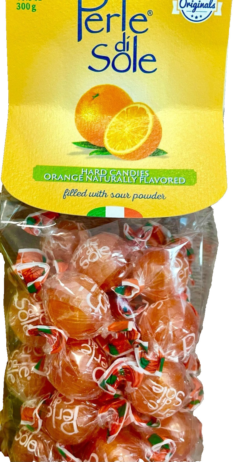 Perle di Sole Hard Candies  Orange  Filled W/ Sour Powder 10.5  Made in Italy