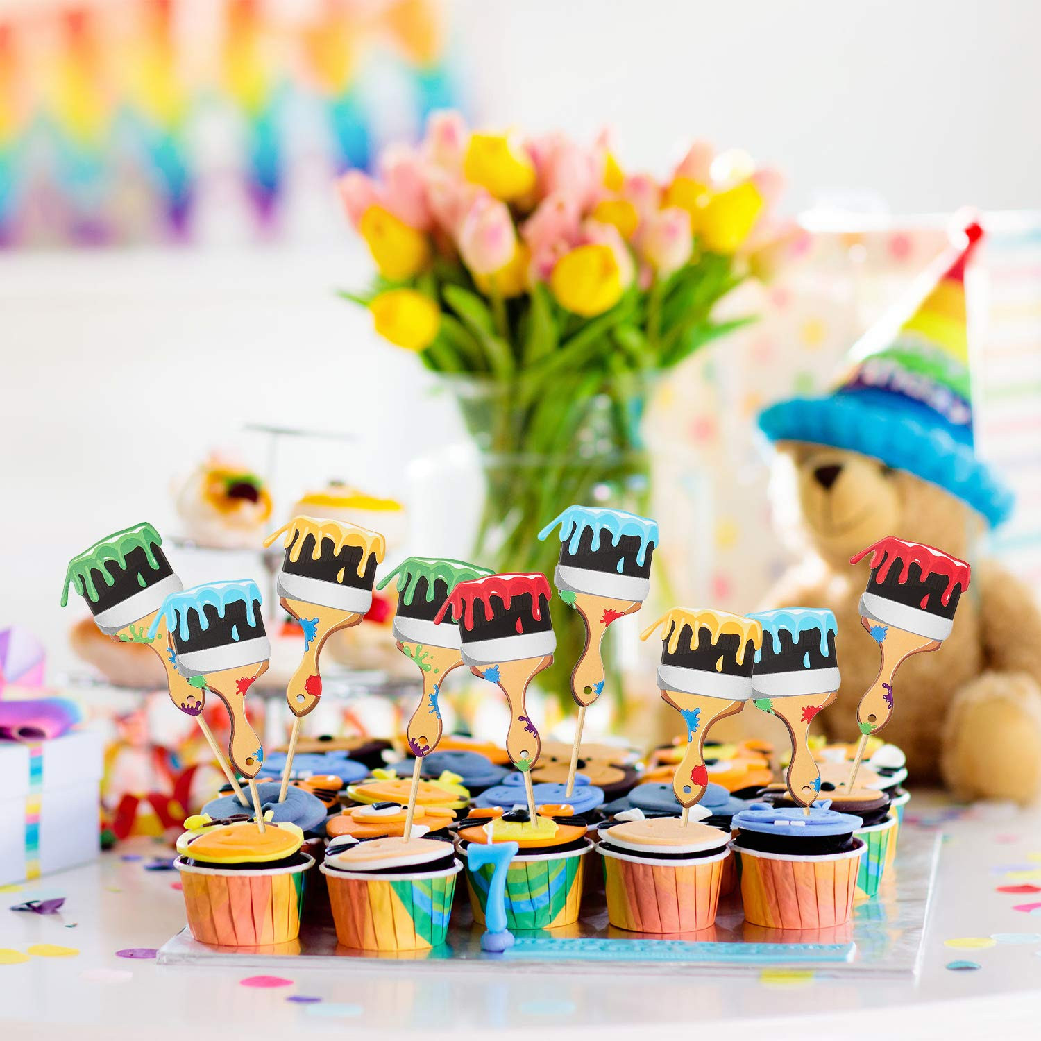 36Pcs Paint Brush Cupcake Toppers Painting Cupcake Picks Toothpicks for Art T...