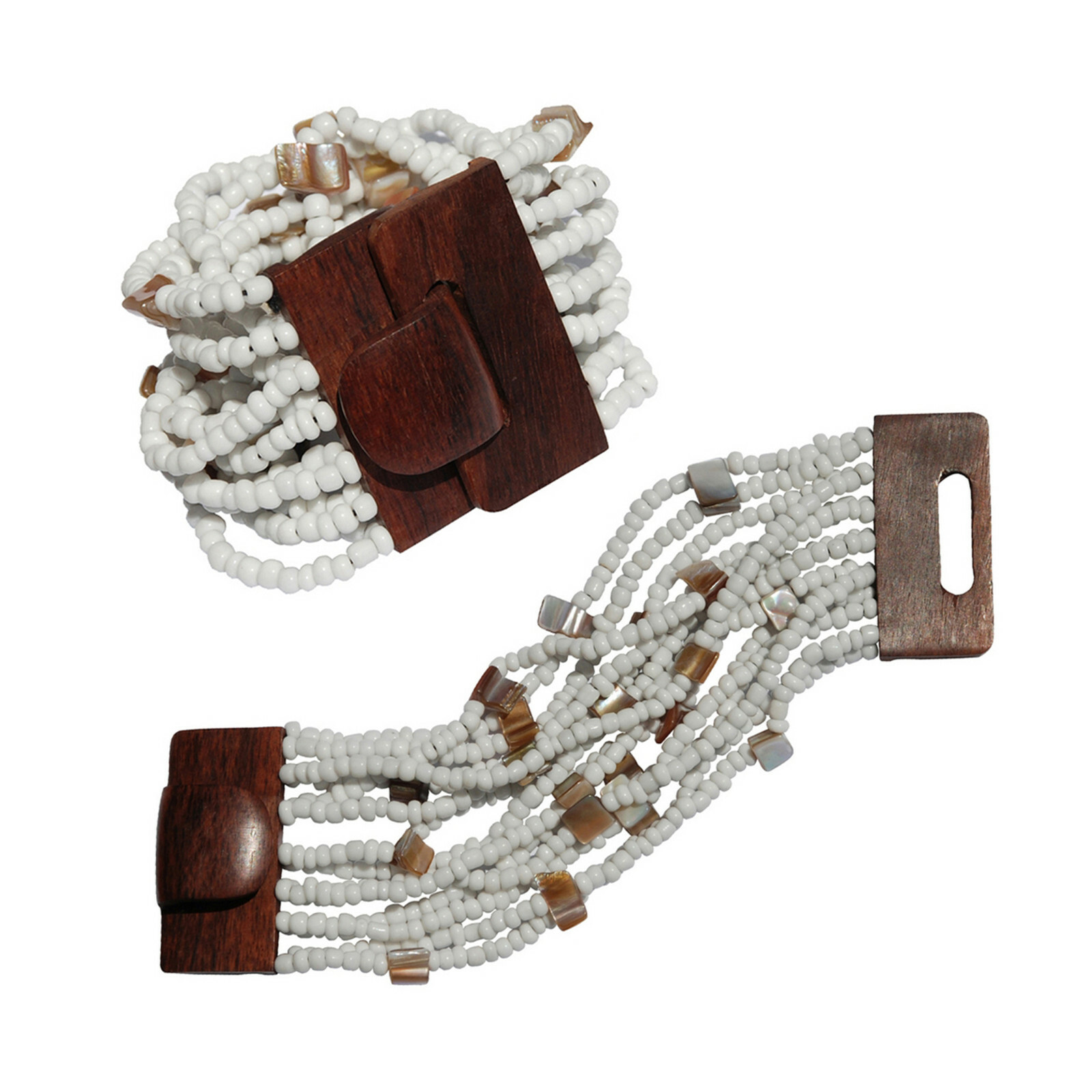 White Beaded Bracelet Glass Mother of Pearl Beads Elastic Wooden Clasp GIFT BOX