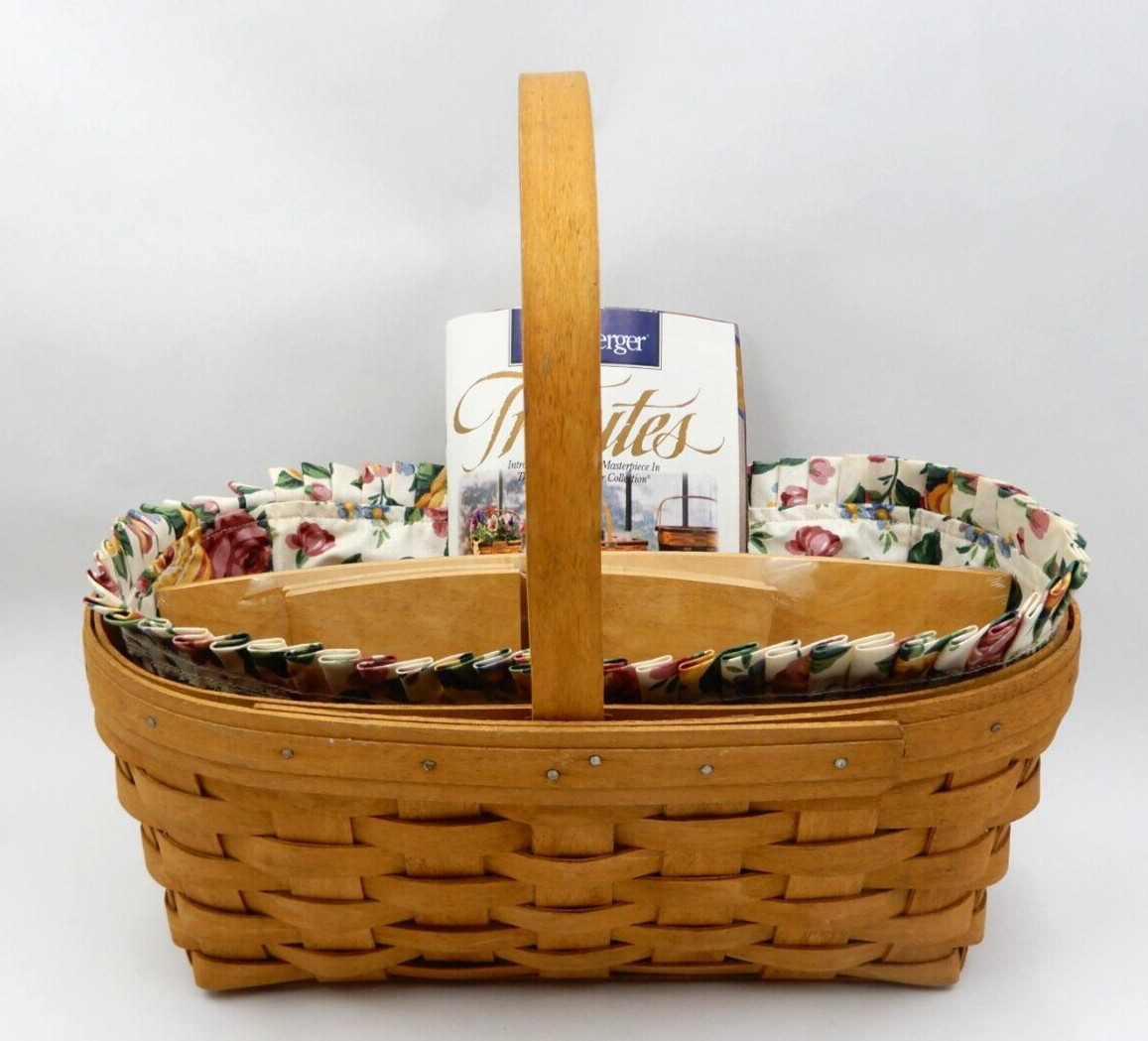 SINGLE HANDLE LONGABERGER BASKET W/ CHORE DIVIDER, PLASTIC & FABRIC LINERS 1999