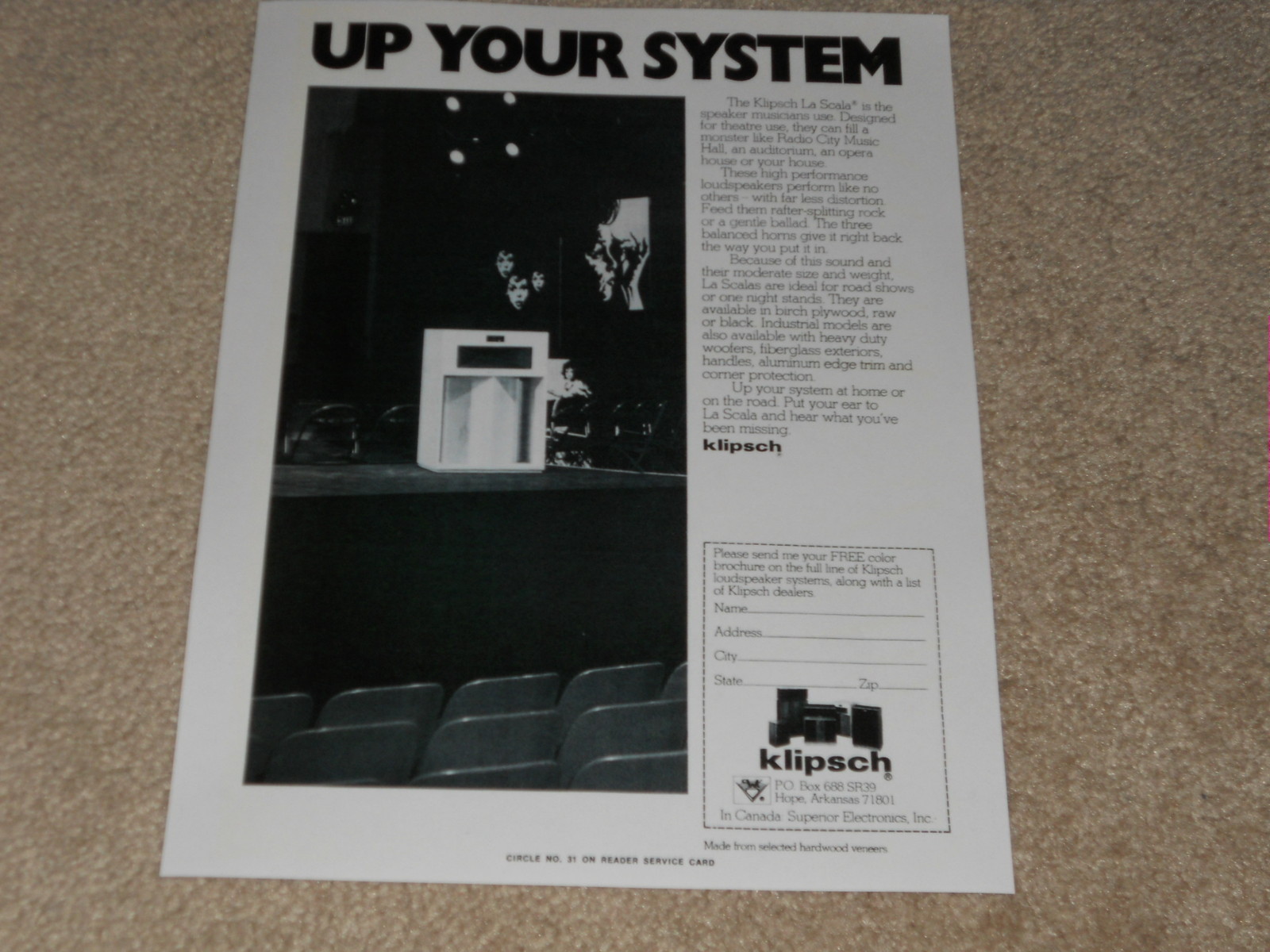 Klipsch 1979 Speaker Ad, La Scala, 1 page, Article