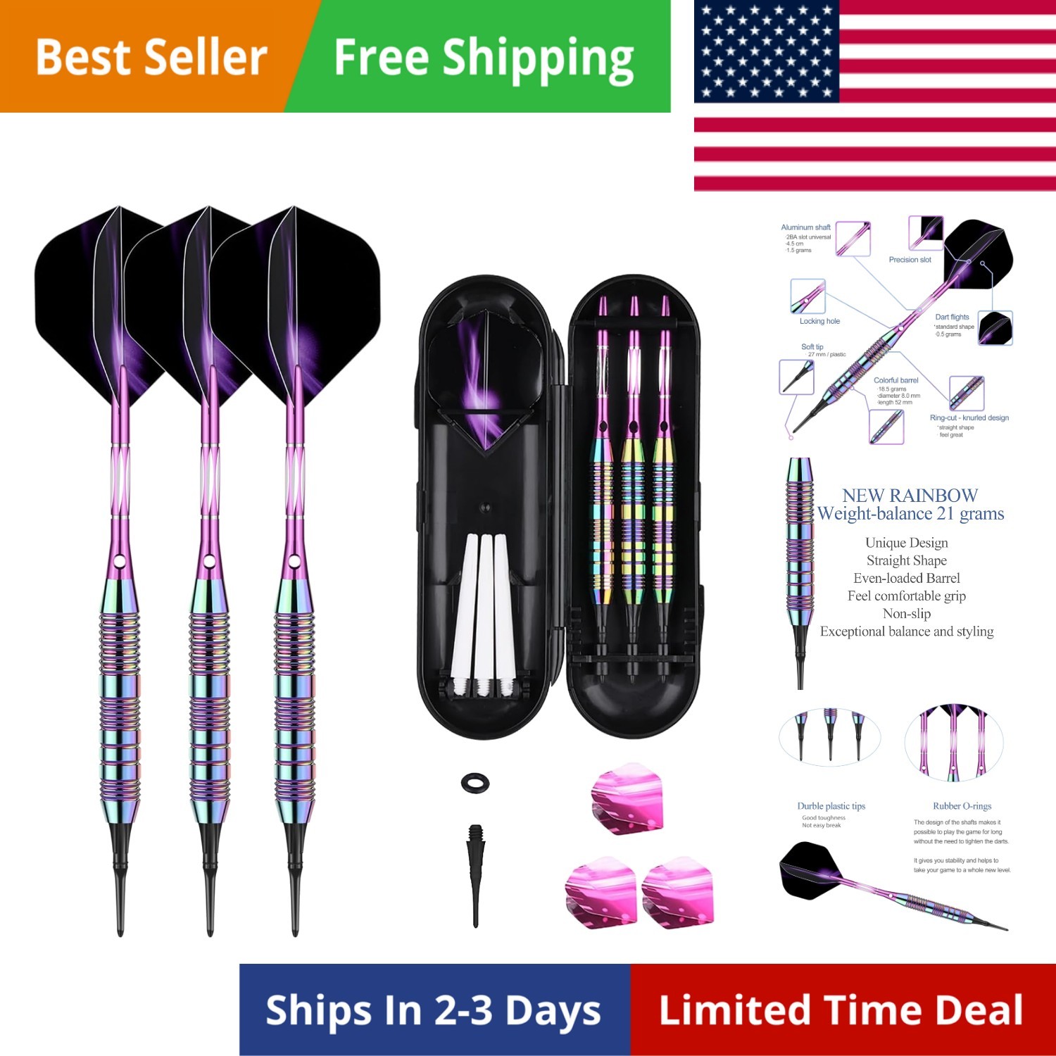 Darts Plastic Tip Set - 18g 21g Colorful Rainbow Soft Tip Darts 50 Anti-Loose...